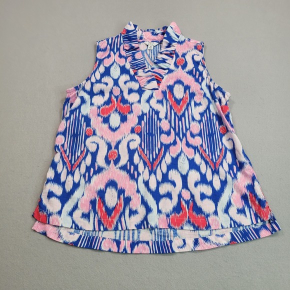 crown & ivy Tops - Crown & Ivy Blue Pink Ikat Sleeveless Ruffle Neck Linen Blend Top Petite Small